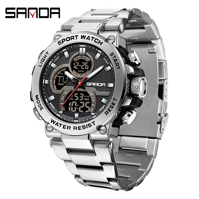 Sanda Luminous Men's Multifunctional Dual Display Steel Band Electronic Watch