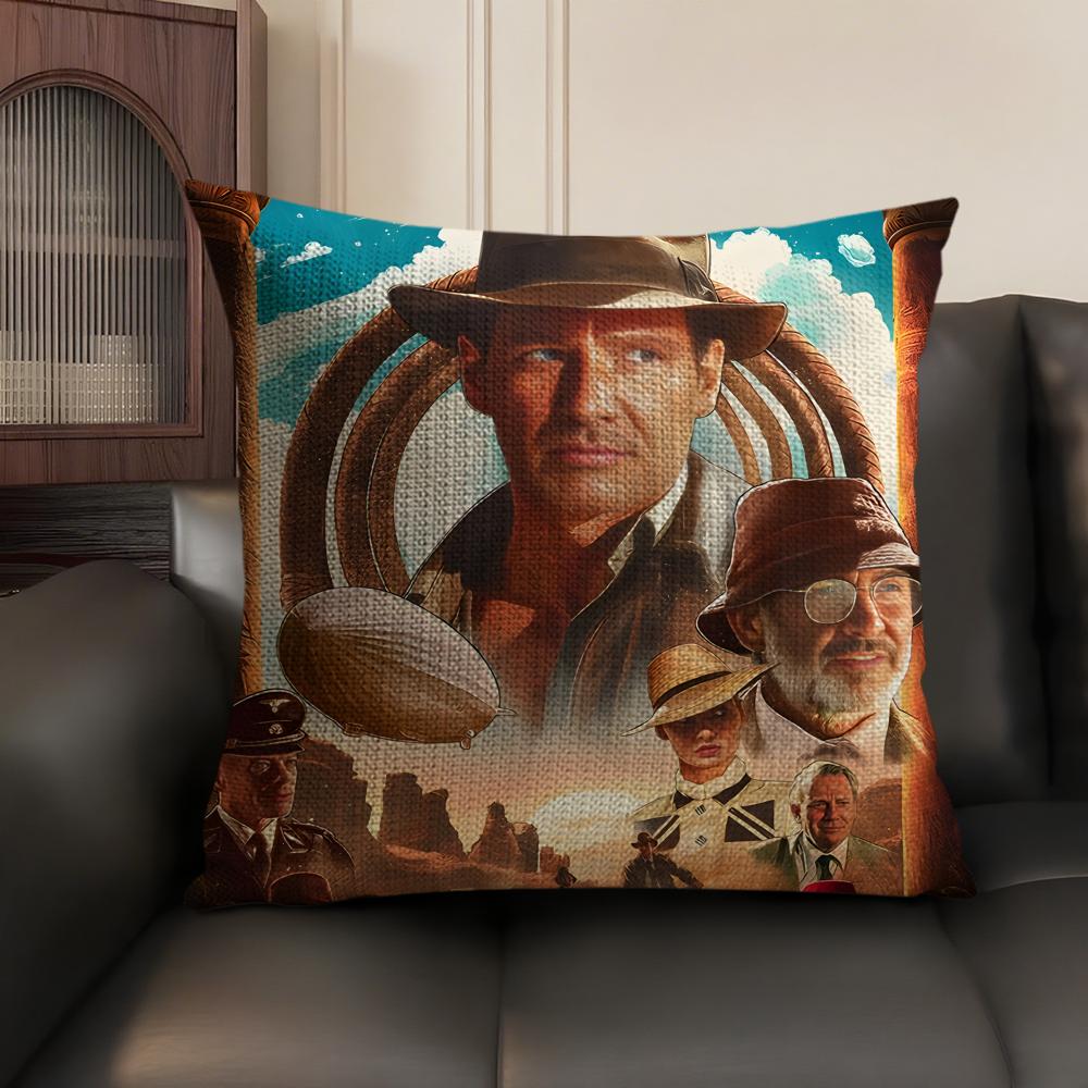 Movie I-Indiana J-Jones Cushion Cover Natural Linen Organic Fabric Double-Sided Printing Sofa Home Decor Gift Pillow Case