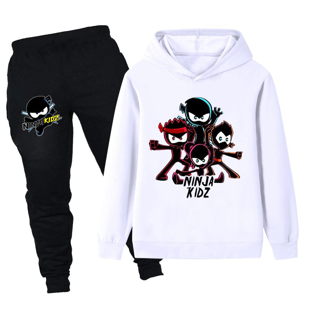 PB1172 Kids Boys Girls NINJA KIDZ Cartoon Print Long Sleeves Hoodie Trousers 2pcs/Sets