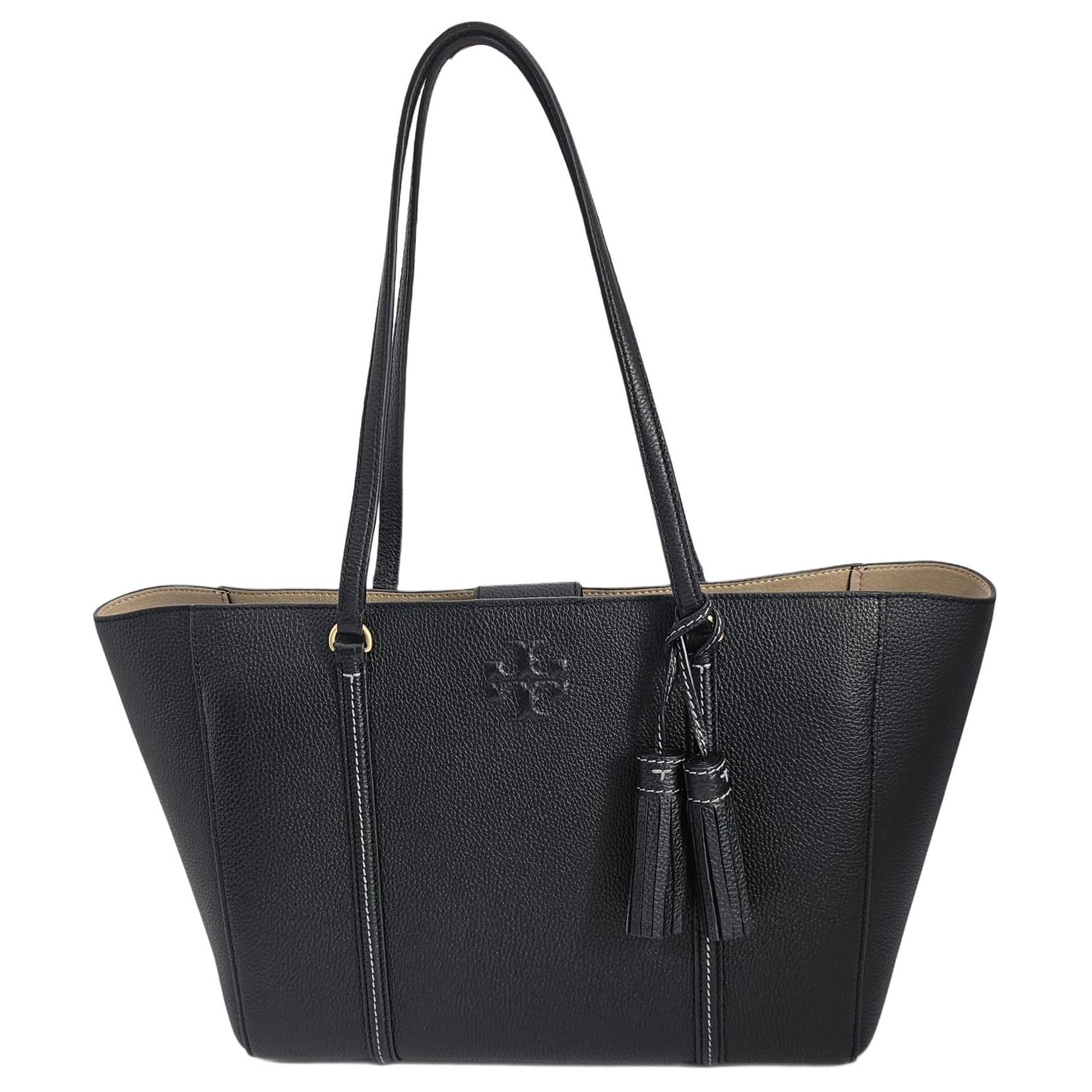 

Tory Burch Thea Brand Logo Tassel Design Leather Tote Shopping Bag Women tote Black 144689-001 Basic Set (Bag+Dust Bag)