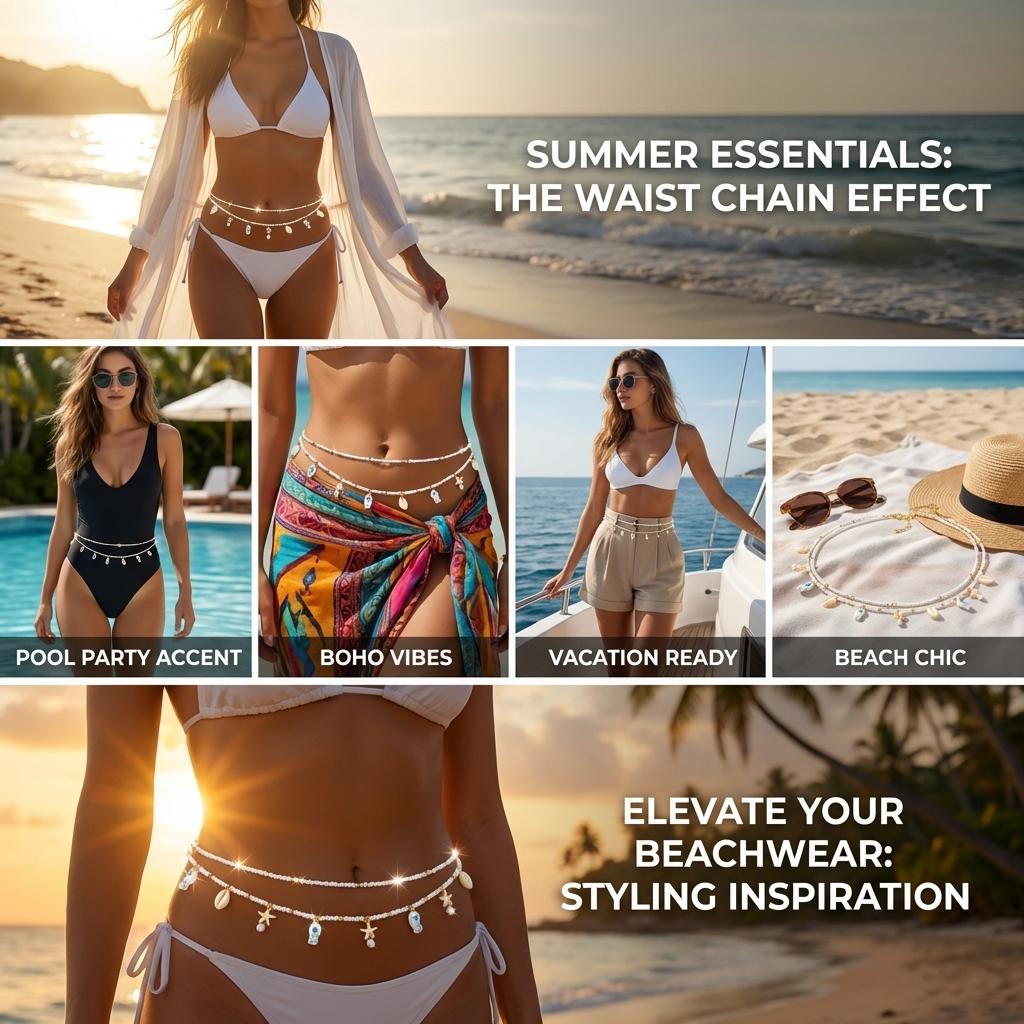 Sexy Double Layer Metal Starfish Shell Waist Chain For Women Rice Beads Ceramic Fish Scallops Belly Chain Vacation Body Jewelry