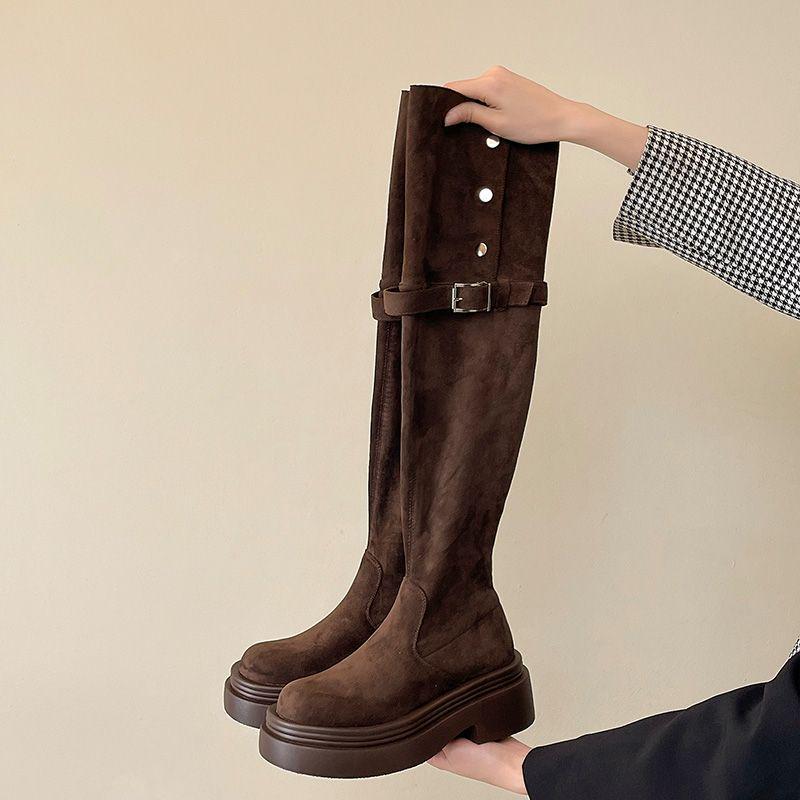 

Женские 2025 Ос/Зимние Складные Ботфорты-рыцари на толстой подошве - Массивный каблук в черном/хаки 35