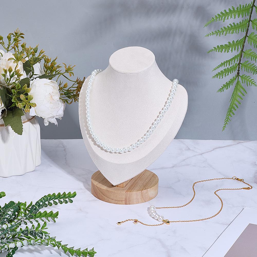 1pc Bust Shaped Velvet Necklace Display Stands with Wood Pedestal Old Lace 14.05x8.55x18.3cm