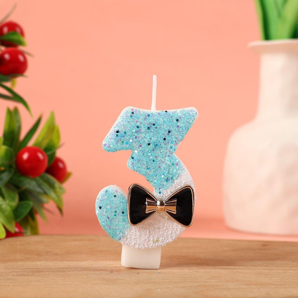 Number Shape Birthday Candle with Decorative Bow Tie Design for Cake Decoration Children Baking Party Supplies 0 To 9 Digit Candles
