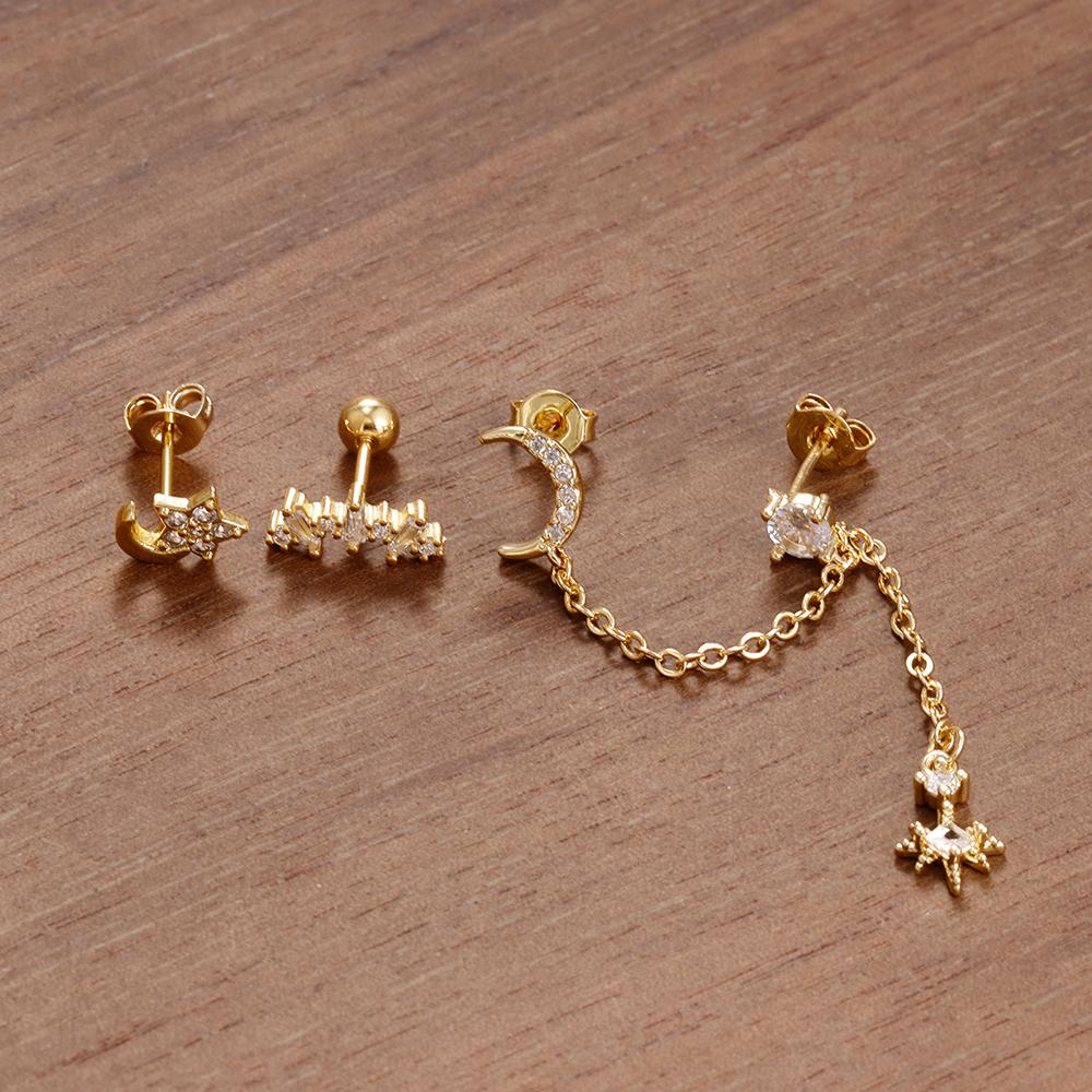 New Arrival 3PCS Stainless Steel Fashion Tassel Chain Stud Piercing Earrings Set For Women Zircon Wedding Party Jewelry Gifts