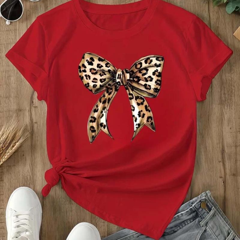 Summer New  Leopard Print Bow Short Sleeve Print Clothing Women's T-Shirt Harajuku Graphic Clothing Women's Top Tee