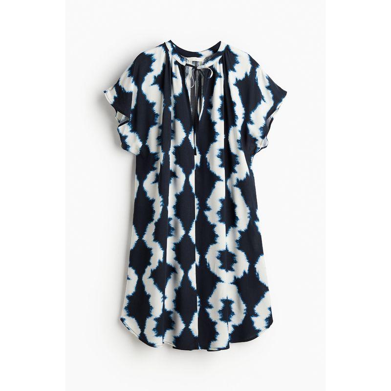 

HM Women s Clothing Dress Autumn Gathers Elegant Stylish Butterfly Sleeve Lace-up Skirt 1208997 Navy/Pattern 155/80(XS)