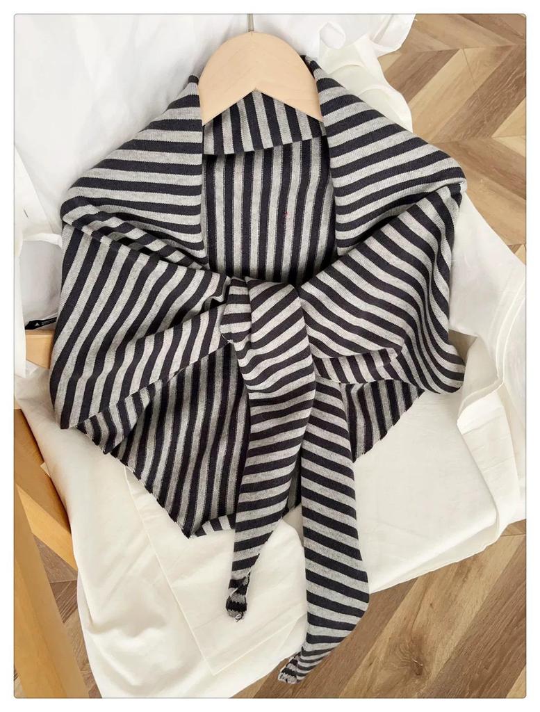 2025 Wool Blend Striped Triangle Shawl Women's Warm Thick Knitted Outerwear