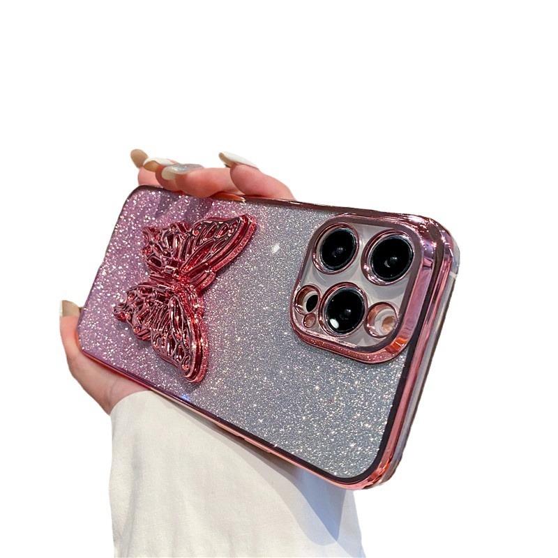 Sparkly Phone Case for iPhone 17 16 15 Pro Max with Butterfly Stand Gradient Full Cover Glitter Case