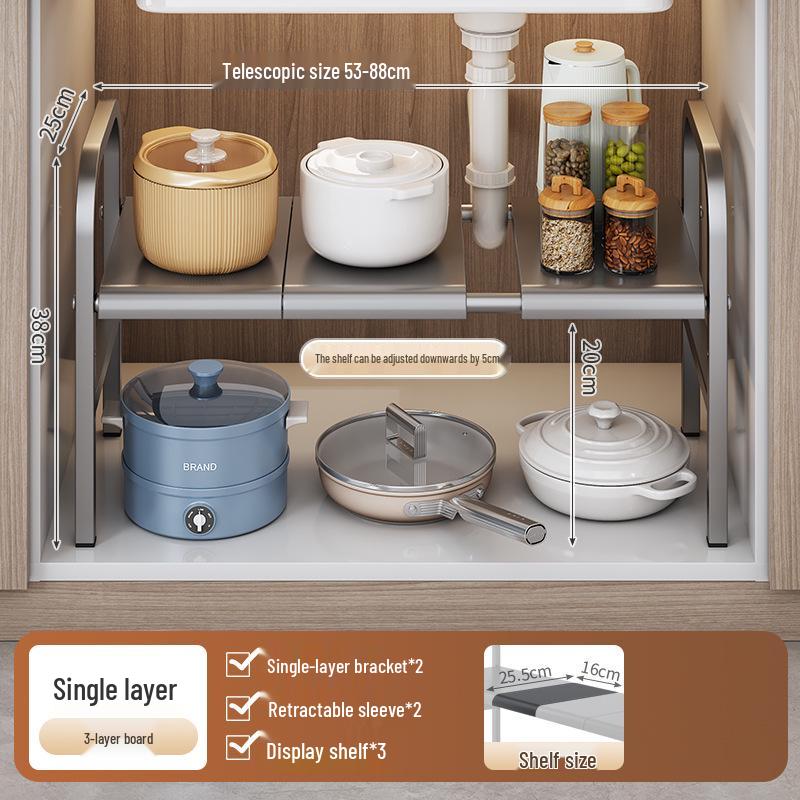 Retractable Under-Sink Tiered Shelf and Pot Storage Rack