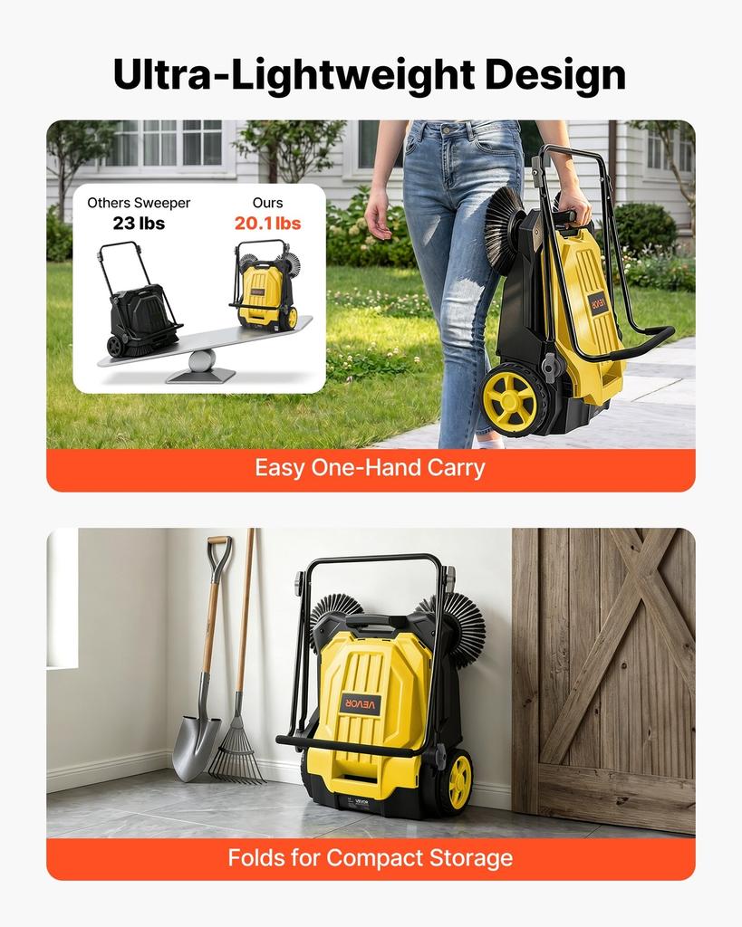 Walk-Behind Hand Push Floor Sweeper, Manual Floor Sweeper Non-Electric with 650mm Sweeping Width, 18.9L Waste Container & Adjustable Folding Handle