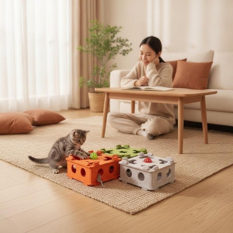 Zábavná plstěná krabice s bludištěm pro kočky Interaktivní hračka-puzzle Design proti kousání a škrábání Dodává se s rolničkovým míčkem Náhodná barva Pet Play Accessory