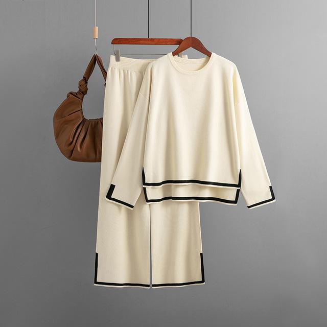 

Вязаный женский свитер с цветными блоками, спортивные костюмы, женский пуловер, свитер + широкие брюки, костюмы, комплекты из 2/2 предметов One Size красно-коричневый