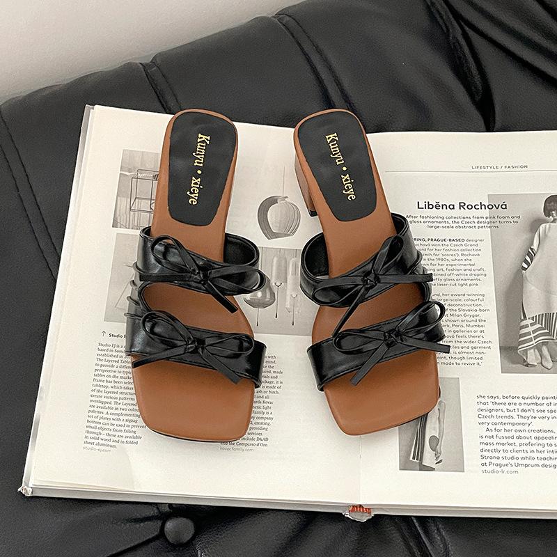 French square head bow with skirt slope heel cool slippers women's summer wear casual square and fashion one-word drag