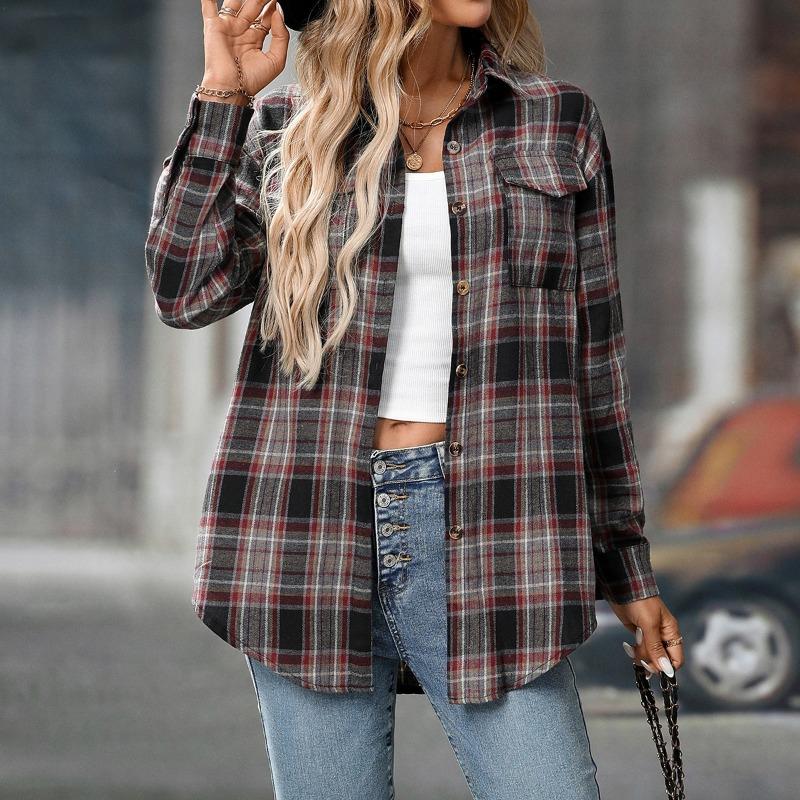 Women S Loose Fit Long Sleeve Plaid Casual Shirt