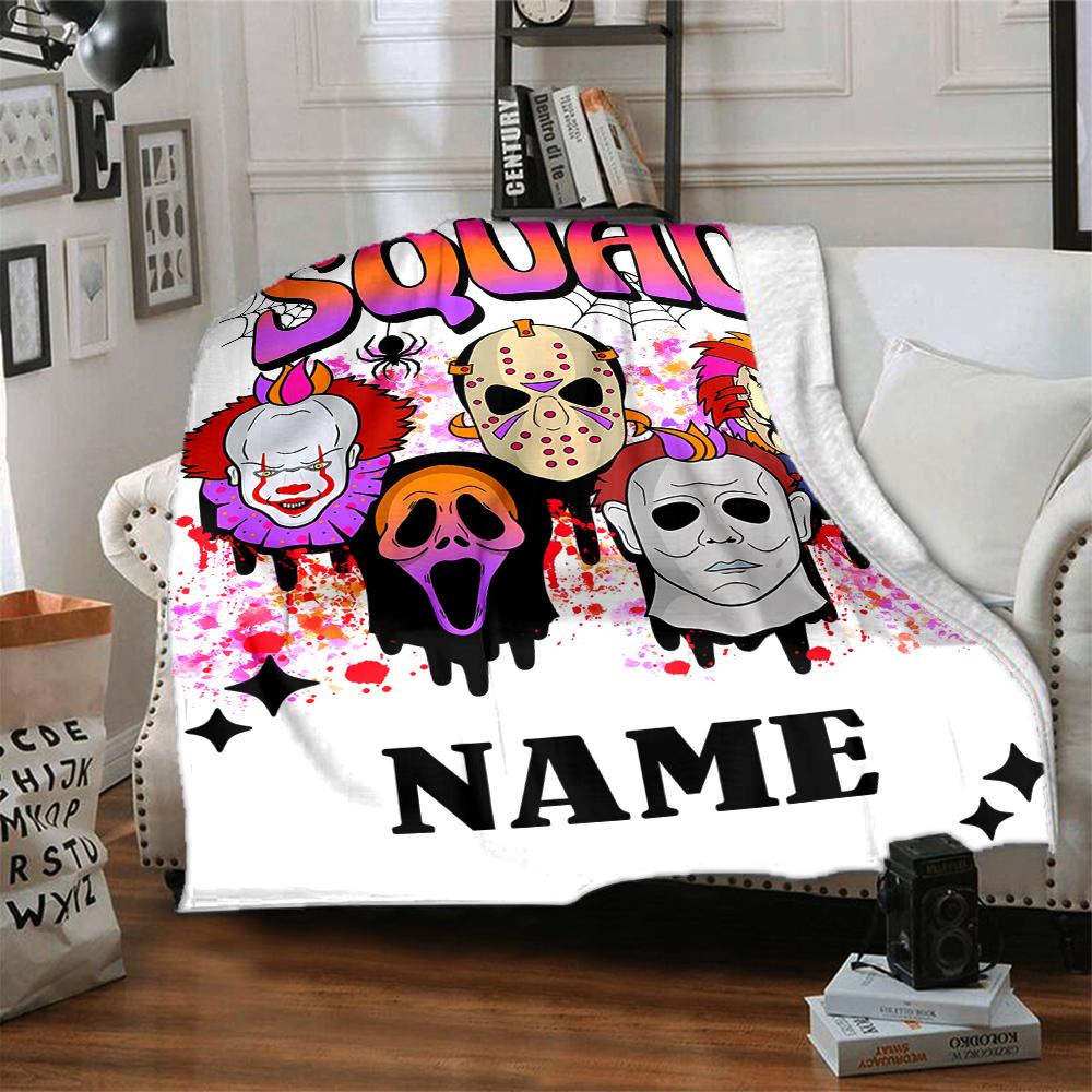 Custom Name Halloween horror Theme Printed Blanket - Perfect for Couch, Bed, Travel & Outdoor Use | Machine Washable, Cozy & Durable.
