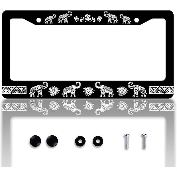 Black Cat License Plate Frame Pet Animal License Plate Holder Personalise Stainless Steel Funny Design Compatible With Standard License Plate Frames Tribal Elephant
