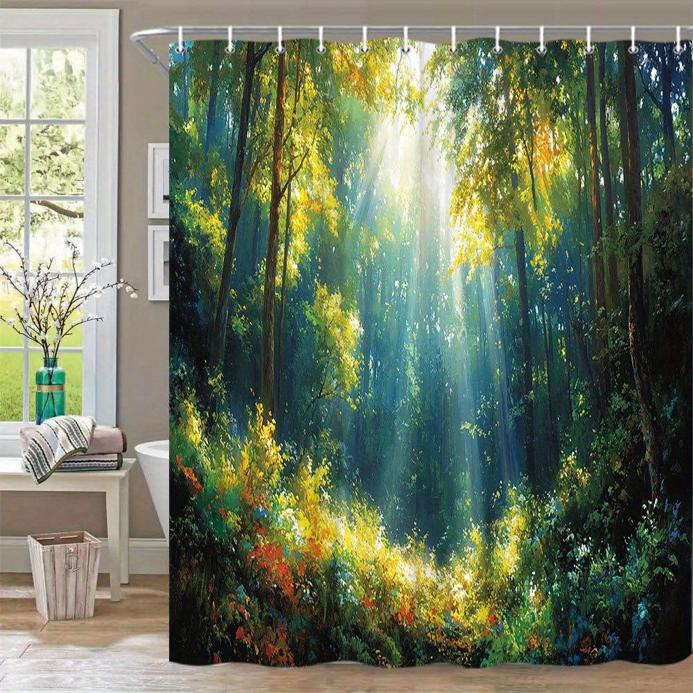 1Pc Sunlit Forest Bath Curtain - Lush Golden Woodland With Wildflowers - Dappled Light Through Canopy - Magical Nature Watercolo