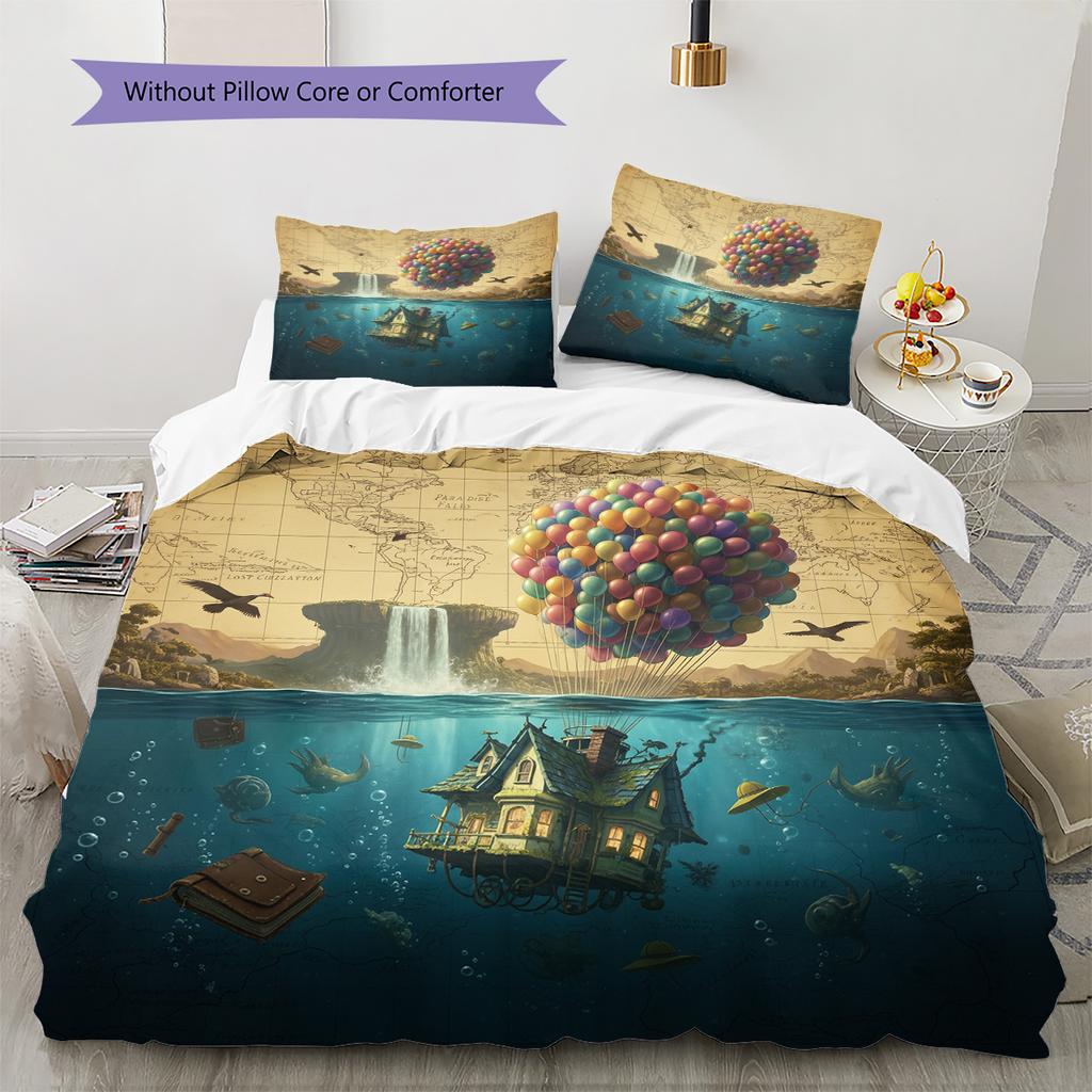 Map Ocean Architecture Pattern Bedding Quilt Set Home Decoration Gift (1 * duvet cover + 2 * pillowcase without core)