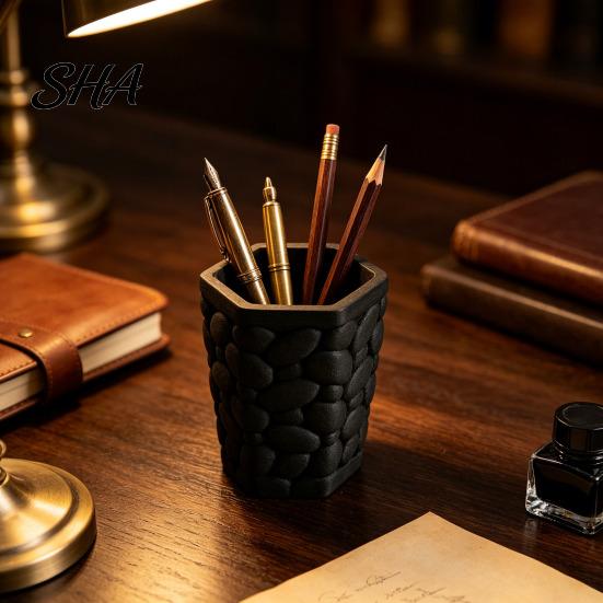 Practical Gift for Students Pebble Texture Pen Holder, Hexagonal Desktop Organizer, Stable Anti-Tip 3D Minimalist Pencil Holder Vanity Printed