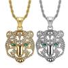 Megin D Stainless Steel Titanium Hip Hop Punk Iced Out Green Eye Tiger Head Pendant Collar Chains Necklace for Men Women Jewelry