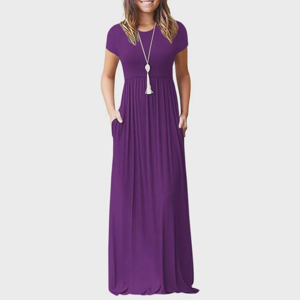 2024 Dámské pevné maxi šaty s krátkým rukávem a kapsami