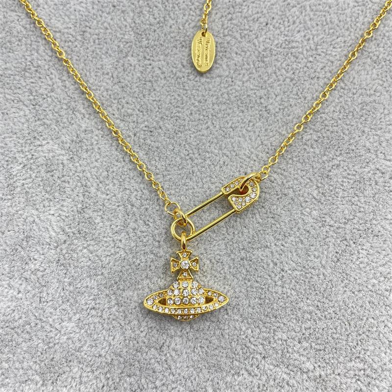 

Позолоченное латунное ожерелье с брошью со стразами и подвеской в виде Сатурна - Европейский и американский гонконгский стиль для женщин золотой