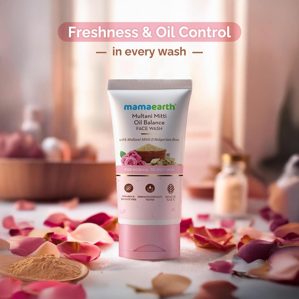 Mamaearth Multani Mitti Oil Balance Face Wash with Multani Mitti & Bulgarian Rose for Normal To Oily Skin - 150 Ml Balances Excess Oil Production |
