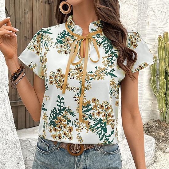 European and American Spring and Summer Flower Print Lace Up Short Sleeved Shirt Casual Shirt Fashionable Women's Clothing