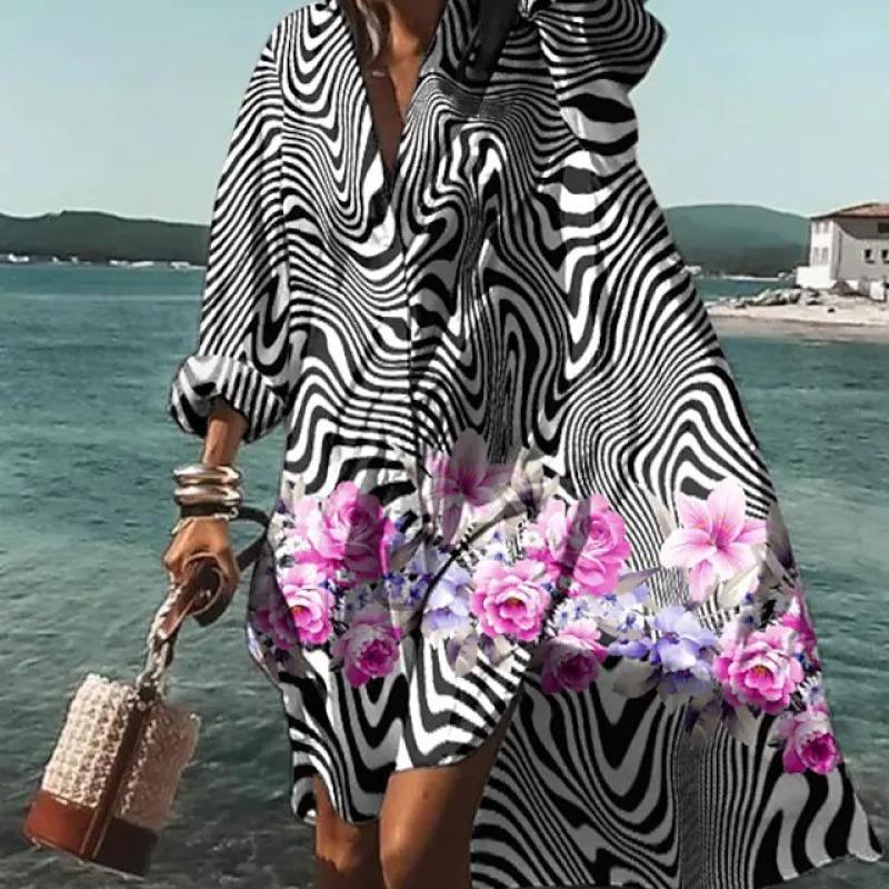 Women's Long Sleeve Lapel Printed Crinkle Pocket Button Beach Cover Up Shirt Clothes Sale