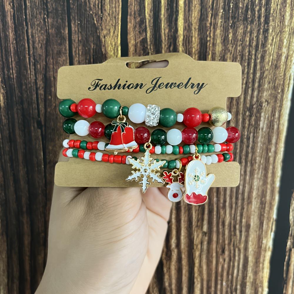 Set of 4 Christmas Charm Bracelets - Cute Holiday Santa Claus, Reindeer, Glove Pendants, Suitable for Daily Wear