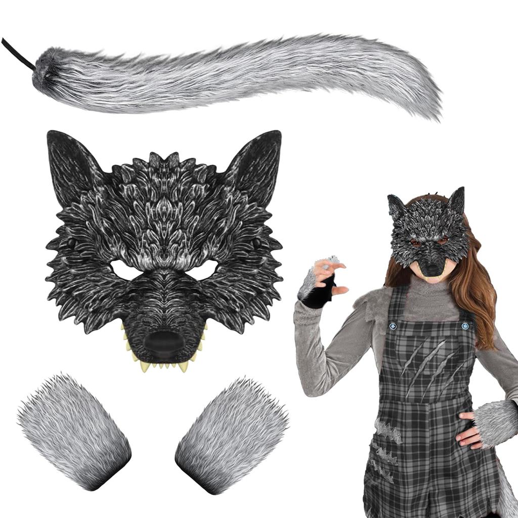 Maschera da Lupo Mannaro Maschera da Lupo con Coda Guanti Halloween Cosplay Animale Lupo Cattivo Lupo Mannaro Uomo Lupo Abbigliamento Accessori