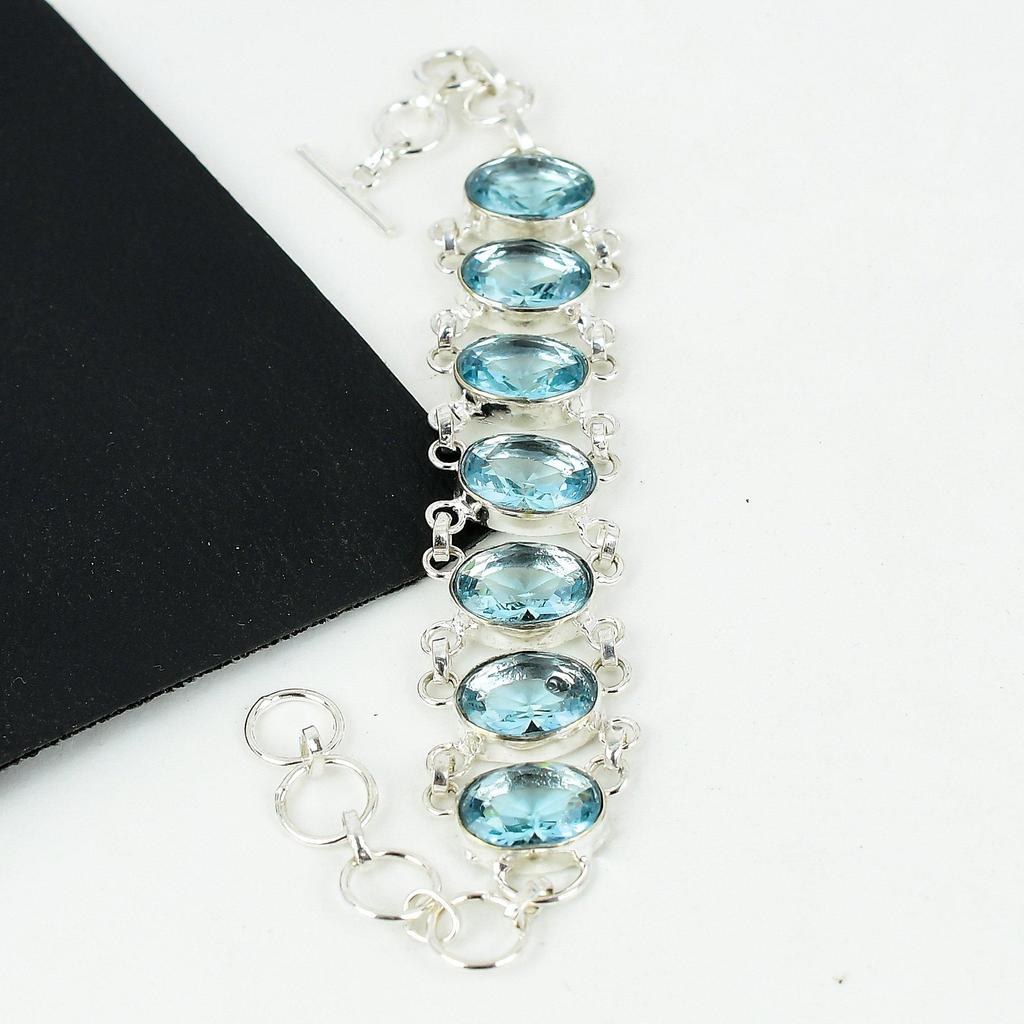 Bransoletka ze szwajcarskiego niebieskiego topazu, ręcznie robiona, ze srebra próby 925, bransoletka ze szwajcarskiego niebieskiego topazu dla żony, bransoletka unisex, prezent z waty