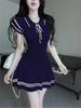 [Ice Silk Washing Water] Korean Contrasting Color Polo Collar Short-sleeved Knitted Dress Women's Summer Waist Skirt College Style a