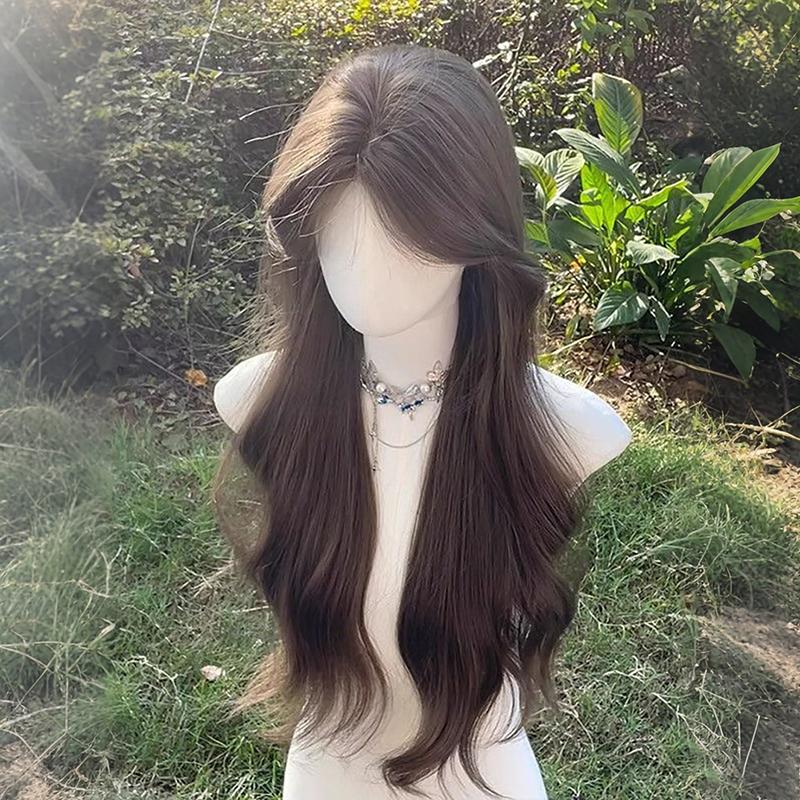 Daily Wear Wig Cold Brown Natural Middle Part Eight-Character Bangs Big Waves Flattering Face Slimming