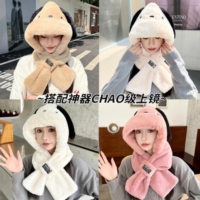 Cute Puppy Long Ears Plush Hat Scarf Integrated Female Autumn and Winter Show a Small Face Warm Two-piece Set