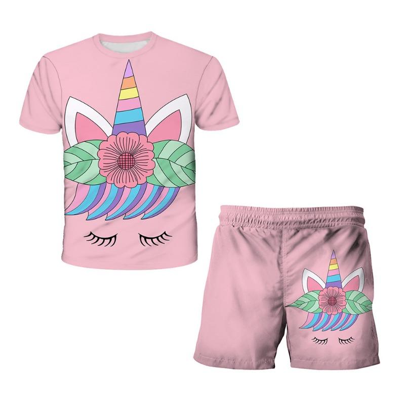 Unicorn Fashion Cute Girl Top T-shirt Short Sleeve+Shorts Two Piece Set Girls' and Children's Top Short Sleeve
