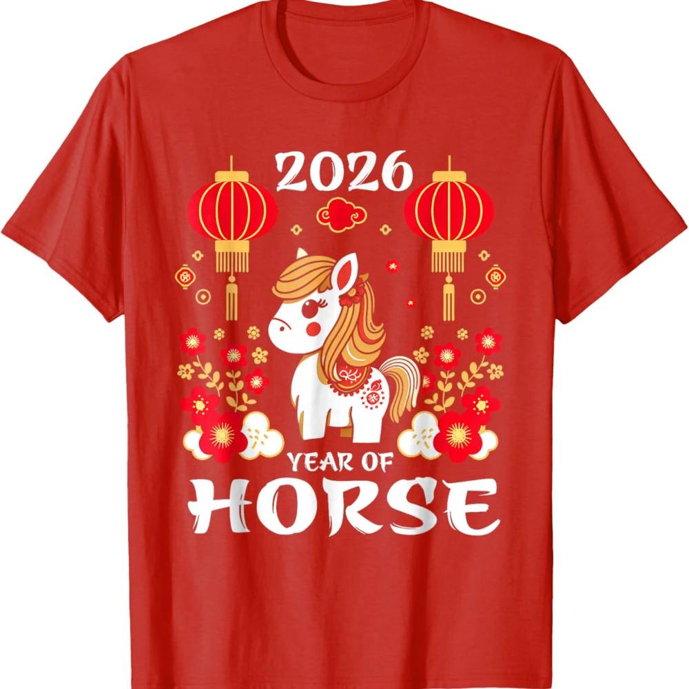2026 Jahr des Pferdes T-Shirt Mondneujahrshemd Chinesisches Neujahrs-T-Shirt Niedliches Sternzeichen-Pferd Cartoon-Aufdruck T-Shirt Damen Oberteile