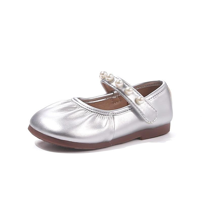 Kids Girls Solid Color Round Toe Pearl Velcro Mary Jane Princess Leather Flats