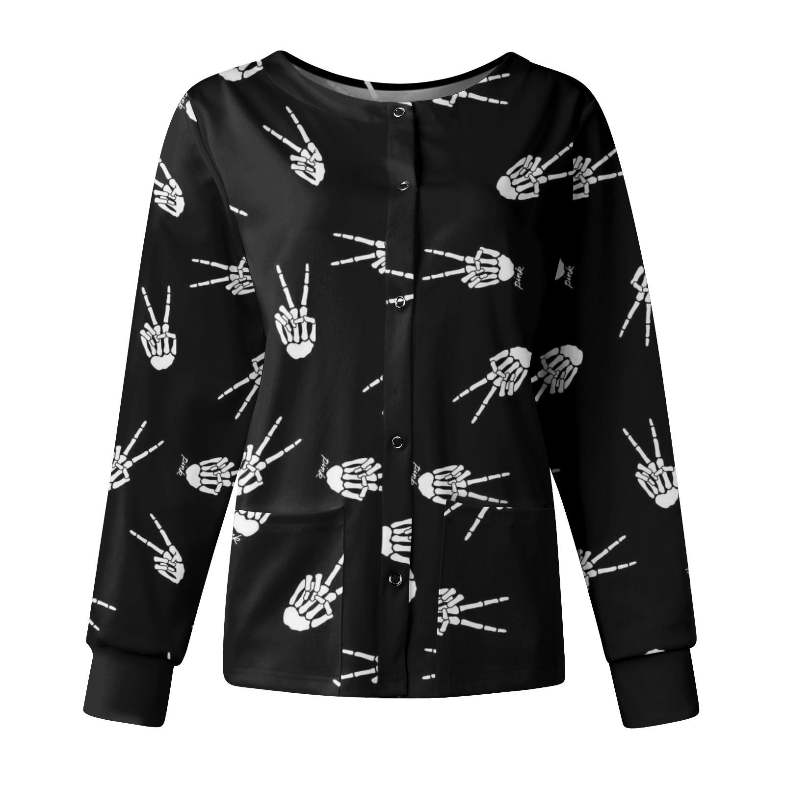 

Women Long Sleeve Halloween Pattern Pocket Working Stand-up Collar Single-breasted Protective Overalls Jacket Top XXXL білий
