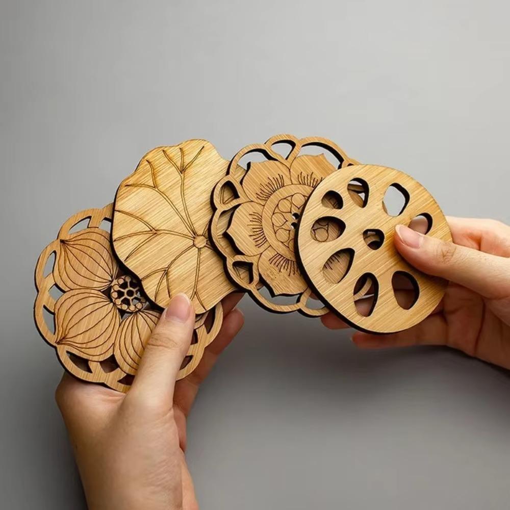 6 Stück/Set Lotusblume Holz Rund Tassenuntersetzer Chinesischer Stil Teetassen Untersetzer Esstischmatte Küche
