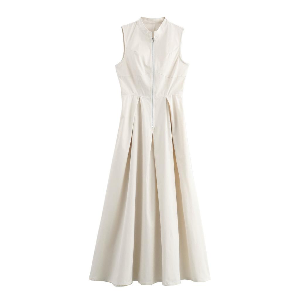 Sleeveless SpliAed Zipper Maxi Dress Women Elegant High Waist Slim Pleated Long Dresses OffiAe Lady Street Robes Female