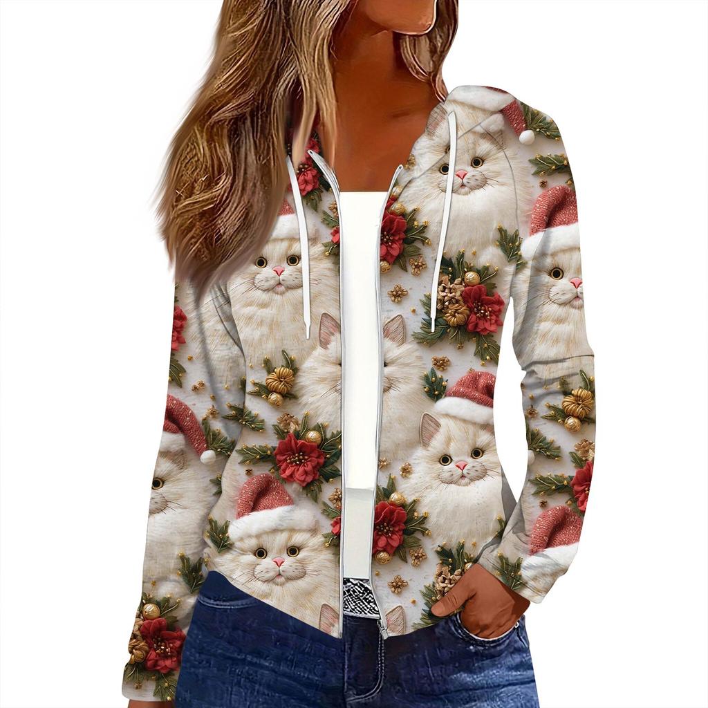 Women's Fashion Christmas Print Casual Zip-Up Long-Sleeved Hooded Jacket