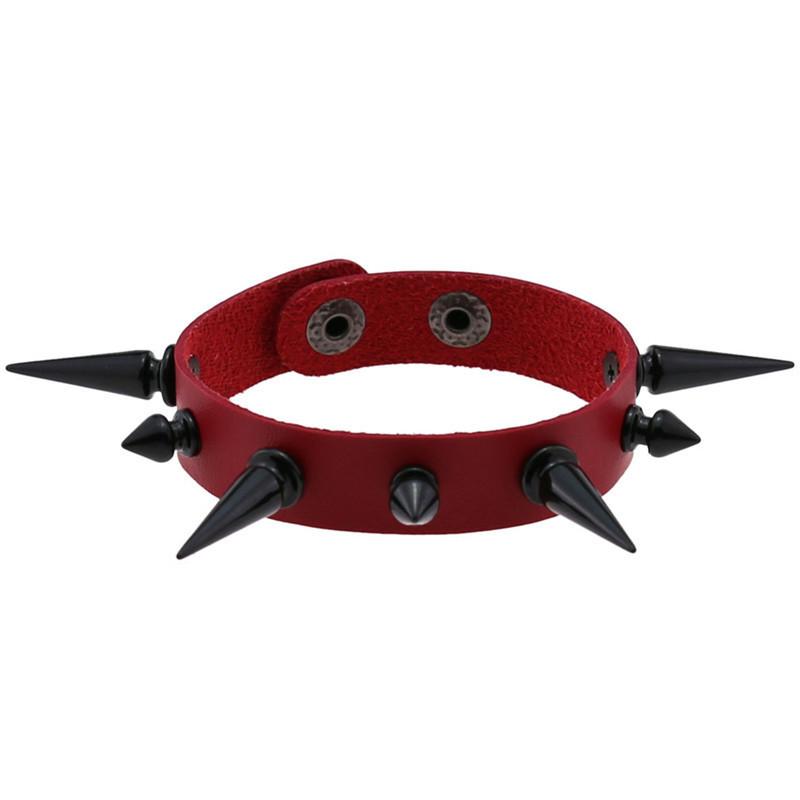 Hot Punk Gothic Rock Row Metal Stud Spikes Rivet Red PU Leather Wristband Bangles For Men Women Bracelet Unisex Jewelry