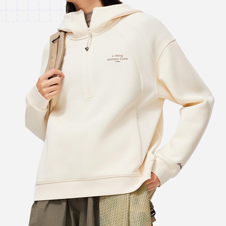 Li Ning Fitness Series Pullover Hooded Loose Long Sleeve Sweatshirt Women sweatshirt Swan-White AWDUF06-1