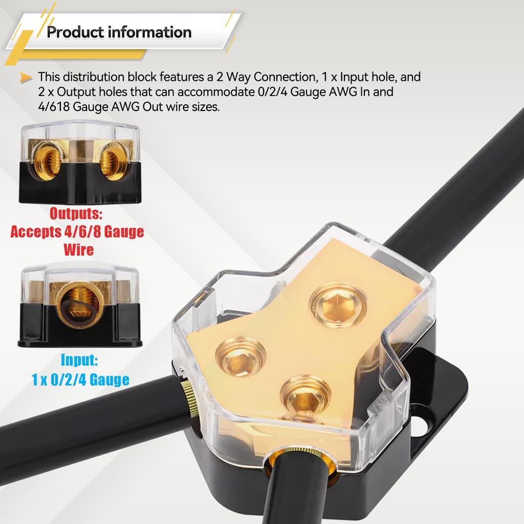 2Pcs 2 Way Car Power Distribution Amp Block Car Audio Power Wire Splitter 0/2/4 Gauge In 4/6/8 Gauge Out Durable Amplifier Power