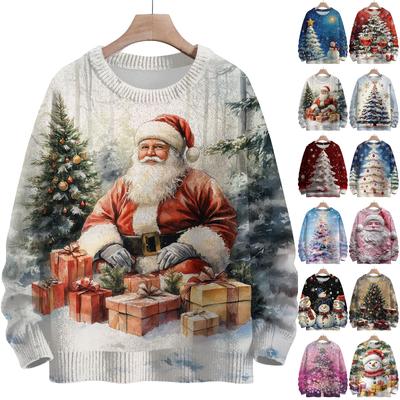 Damenmode Rundhalsausschnitt Lässig Langarm Weihnachten Niedlich Bedrucktes Wollstrickoberteil