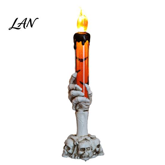 Battery Operated Halloween Lights LED Ghost Candle Light, Spooky Hand Lamp Retro Skeleton Base Ornaments Tabletop Decor, Horror Light for Party