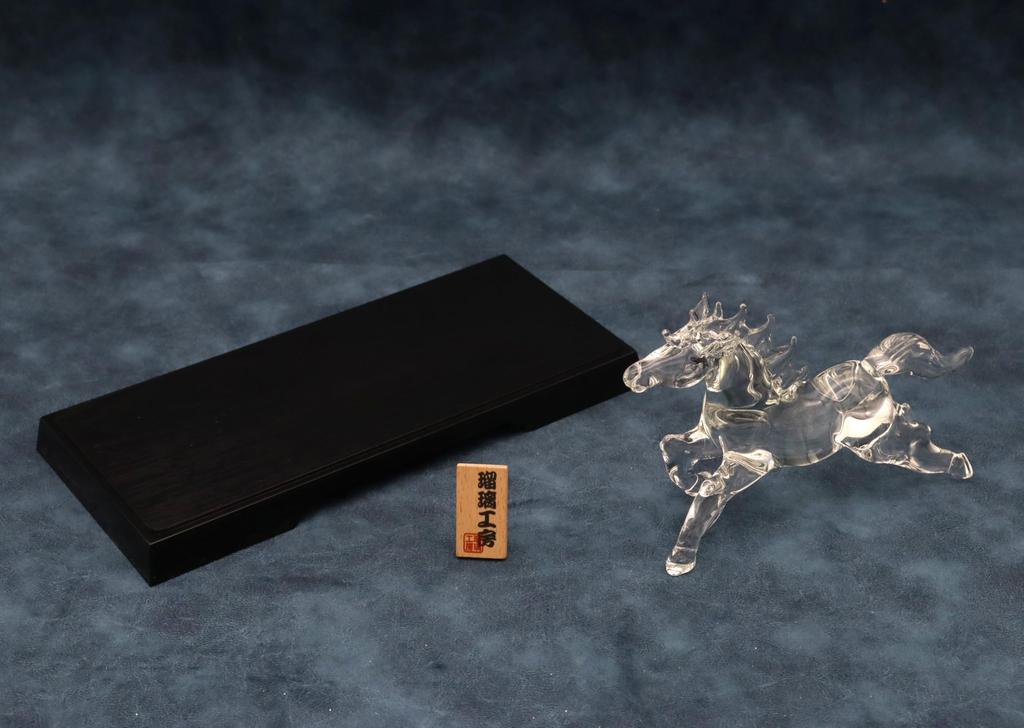 Glass Square Good Fortune Charm: Running Glass Horse (Small) - Symbolizing Vitality, Drive, and Energy To Enhance Success. Transparent with Display St