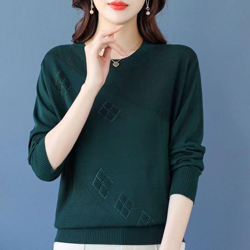 Fall Winter Women's Plus Size Sweater Long Sleeve Loose Crew Neck Knitwear Sweater Rhinestone Pullover Knit Top Stretch Jumper